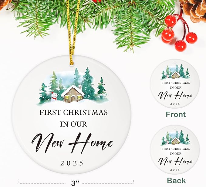 D4DREAM New Home Ornament 2025-3'' Ceramic First Christmas in Our New Home Ornaments Christmas Housewarming Gift for Women Couple Friends Home Car Decor Newhouse Owners Gift Ideas