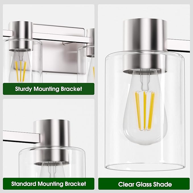 4-Light Modern Vanity Light Fixtures Over Mirror, Brushed Nickel Bathroom Light Fixtures, Vanity Lights, Wall Sconce with Clear Glass Shade for Bathroom, E26 Base