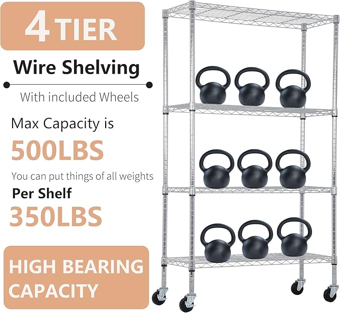 BestOffice | 4-Tier Wire Storage Shelves with Wheels | 36x14x62 | Chrome | Adjustable Racks | Heavy-Duty Metal Shelf, Holds Upto 500 lbs | No-Tool Assembly | Ideal for Home & Garage Shelving