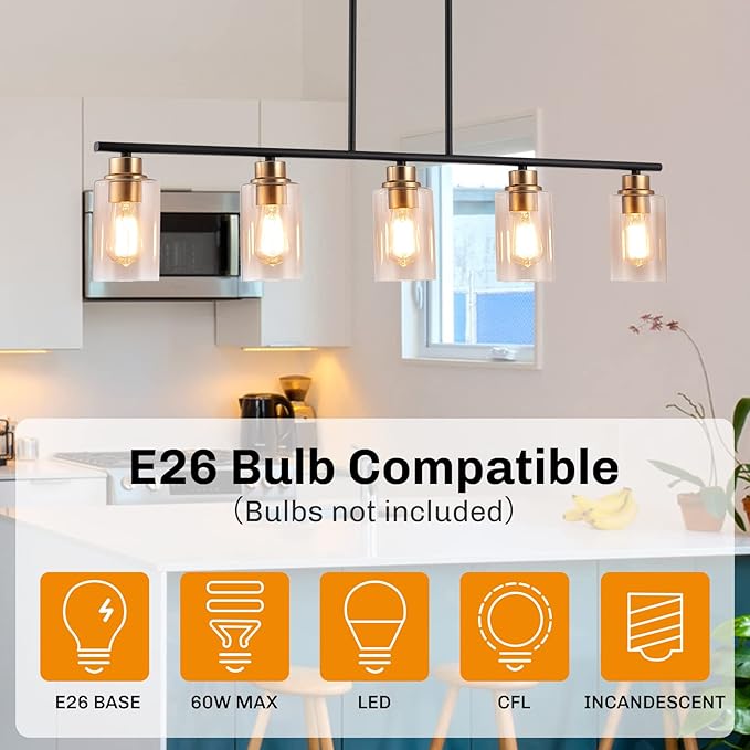 Kitchen Island Light, 5-Light Pendant Lighting, Farmhouse Industrial Dining Room Light Fixtures for Kitchen Island Dining Living Room, Matte Black Gold with Clear Glass Shade