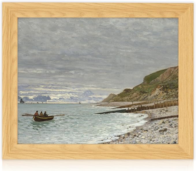 Brivoria Framed Canvas Wall Art Vintage Decor, Coastal Landscape with Rowboat Rocky Beach and Wooden Jetty Below Cloudy Sky for Hallway Dining Room or Reading Nook Wall Decoration, 13"x16"