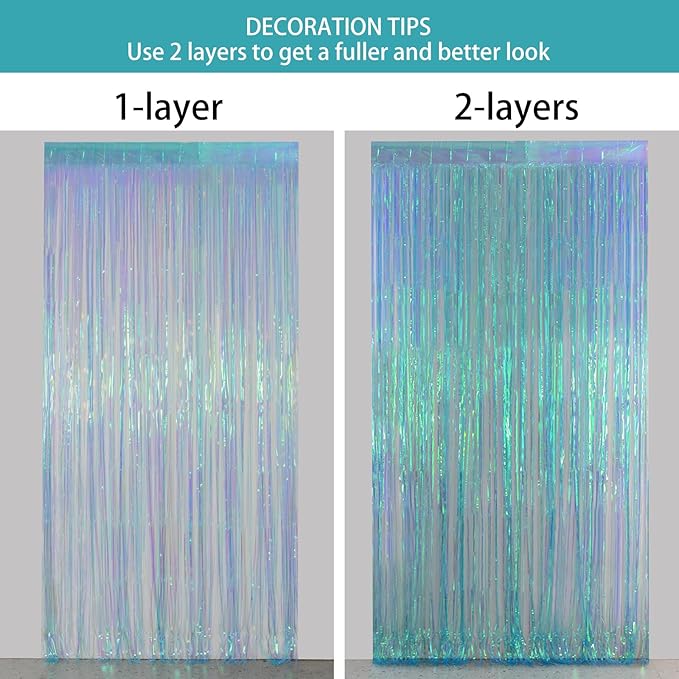 Melsan Foil Backdrops Birthday Decorations - 2 Pack 3.2 x 6.5 ft Tinsel Backdrop Foil Fringe Curtains for Frozen Under The Sea Birthdays Parties - Clear Blue 2 Packs