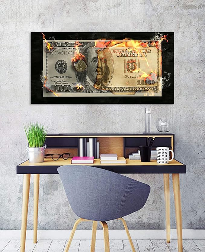 Large Canvas Money Artwork for Home Walls Flame Burning 100 Money Wall Art Creative Wall Pictures for Office Abstract Money Art Print Farmhouse Bathroom Bar Wall Decor Gallery Wrapped-48"Wx24"H