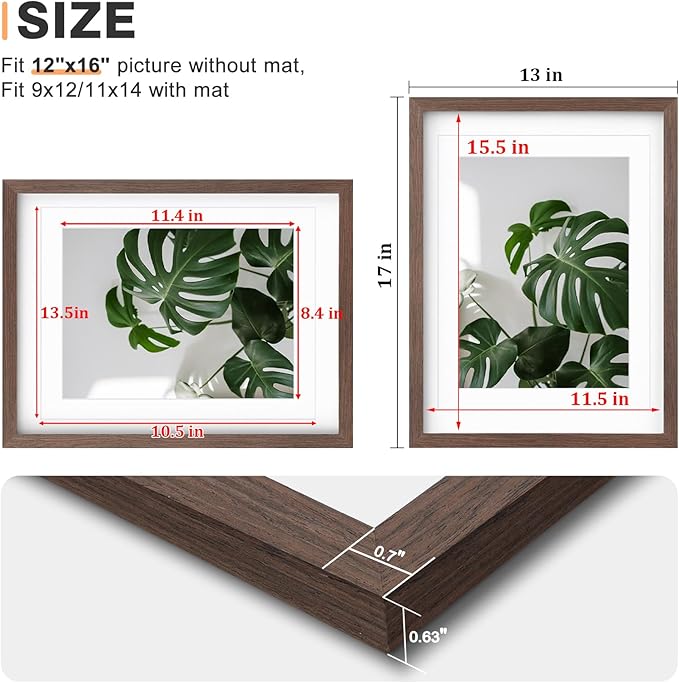 Egofine 12x16 Picture Frames Set of 4, Made of Solid Wood Covered by Plexiglass 9x12 and 11x14 with Mat or 12x16 without Mat, for Wall Mounting Photo Frame Brown