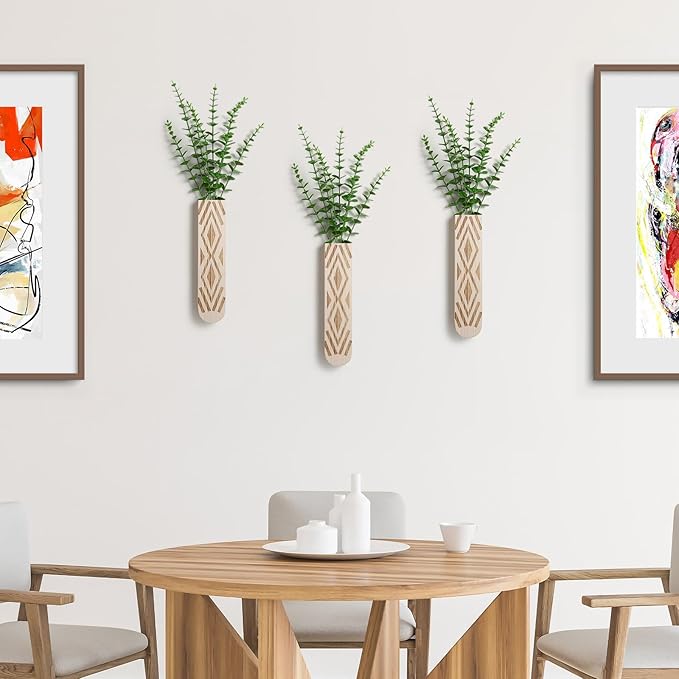 3 Pack Wood Wall Planter, Boho Wall Art for Entryway and Bathroom Decor, Modern Farmhouse Decor, Wall Decor Vase for Holding Fake Plants and Dried Flowers