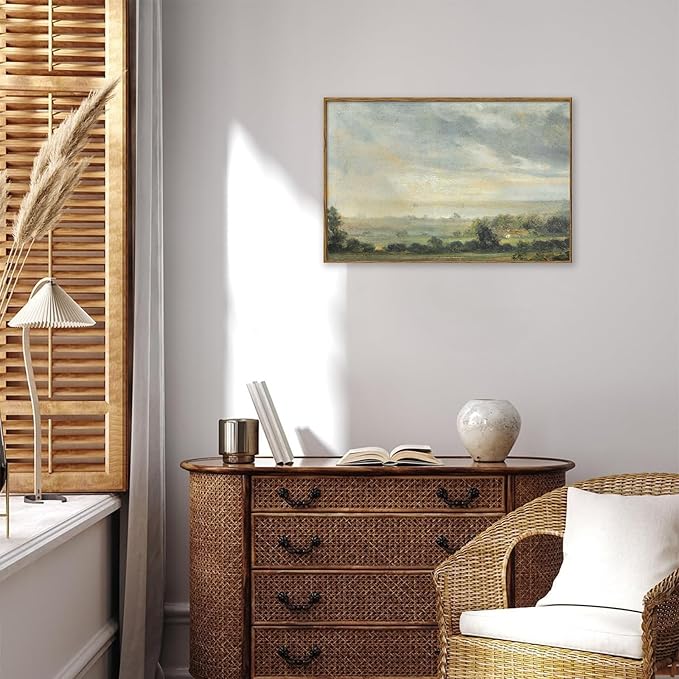 KBKBART Framed Vintage Landscape Wall Art Prints, Retro Green Forest Valley Nature Wilderness Illustrations Canvas Painting, Farmhouse Decor Wall Art Ready To Hang for Bedroom, Living Room, Bathroom,