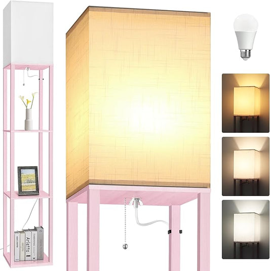 Dott Arts Floor Lamp with Shelves, Floor Lamps for Living Room Decor Display Shelf Lamps with 3 Color LED Bulb, Modern Floor Lamp for Bedroom Standing Lamp for Living Room Office,Home Decor（Pink）