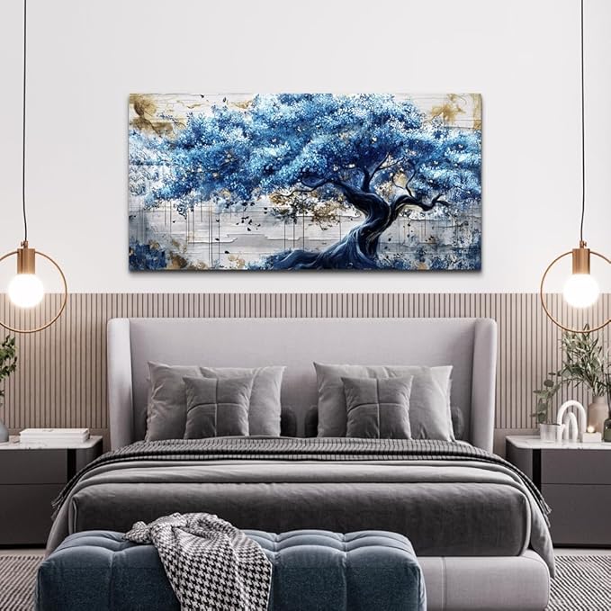 ERQINHUA Large Canvas Wall Decor For Living Room Wall Art For Bedroom Office Decor Blue Tree Wall Paintings Farmhouse Abstract Watercolour Pictures Artwork Home Decor Ready To Hang Posters 30"X60"