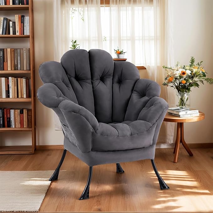 Lazy Chair, Modern Floral Reading Chair with Folding Footrest, Lounge Accent Chair, Comfortable Oversized Armchairs for Bedroom, Living Room, Courtyard, Dark Grey