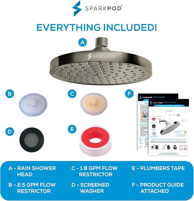 SparkPod Shower Head - High Pressure Rain - Premium Quality Luxury Design - 1-Min Install - Easy Clean Adjustable Replacement for Your Bathroom Shower Heads (Elegant Brushed Nickel, 8 Inch Round)