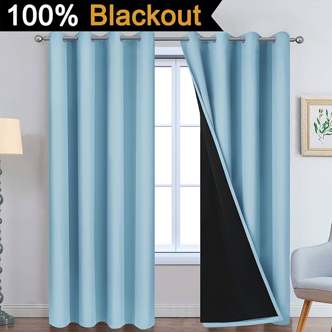 Yakamok Full Blackout Curtains 84 Inches Long,Blackout Curtain Panels for Bedroom, 2 Thick Layers Grommet Top Thermal Insulated Drapes with Black Liner for Living Room(Sky Blue, Set of 2)