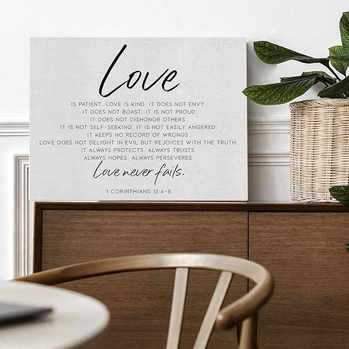 Bible Verse Canvas Wall Art Love is Patient Canvas Print Framed Scripture Painting Artwork Ready to Hang Christian Wall Decor for Home Bedroom Wedding Gift 15x11.5 Inches