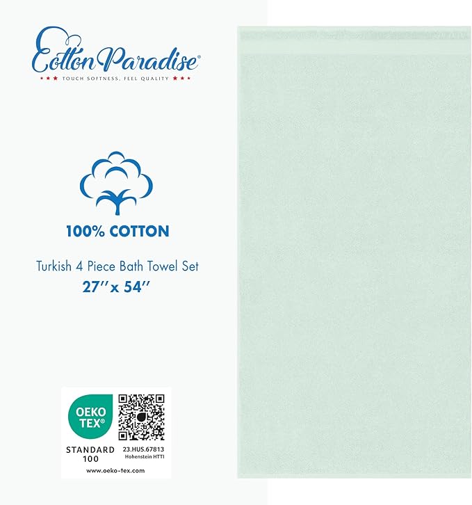 Cotton Paradise 4 Piece Turkish Bath Towels for Bathroom, 100% Cotton Extra Large Soft Plush Towels Bathroom Set, Mint Green