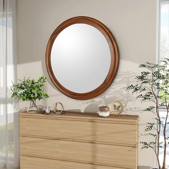 Round Wood Mirrors 30 Inch,Rustic Decorative Transitional Wall Mirror with Walnut Frame for Bathroom,Farmhouse Hanging Vanity Mirror for Entryway Living Room or Bedroom