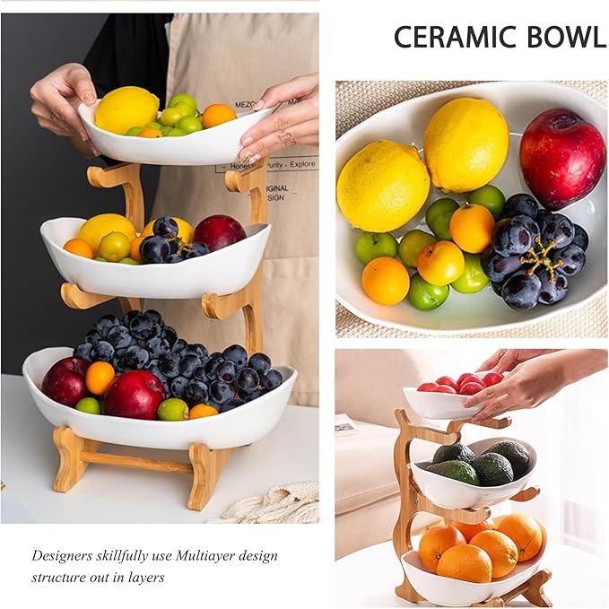Large 3 Tier Ceramic Fruit Bowl With Bamboo Wood Stand for Kitchen Counter,Porcelain Fruit Basket for Fruit Storage,Snack Dessert Cake Tray Plate Rack for Party Wedding - Big White