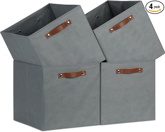 Temary Foldable Cube Baskets 4Pack - Grey, 13x15x13 Inch Fabric Storage Organizer Bins with Handles
