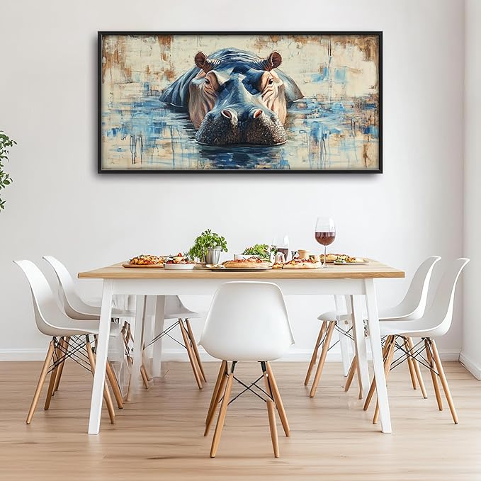 Extra Large Framed Abstract Hippo Wall Art,Oversized African Hippopotamus Wild Animal Wall Decor,Vintage Pictures for Living Room,Canvas Print Painting Modern Artwork Bedroom Office Bathroom 60L x30W