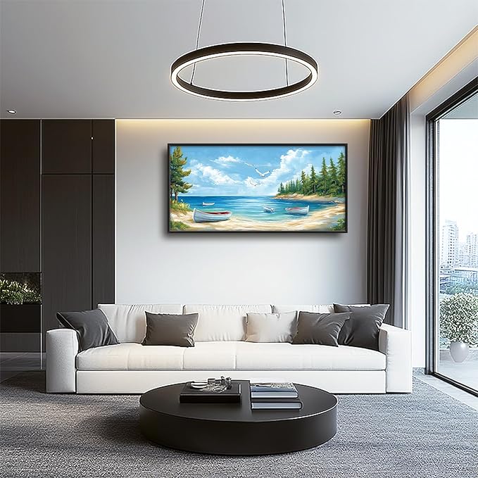 Framed Large Wall Art for Living Room, Beach Boat Canvas Wall Decor, Large Coast Sailboat Picture Framed Painting, Modern Artwork for Bedroom Office 60L'' × 30W''