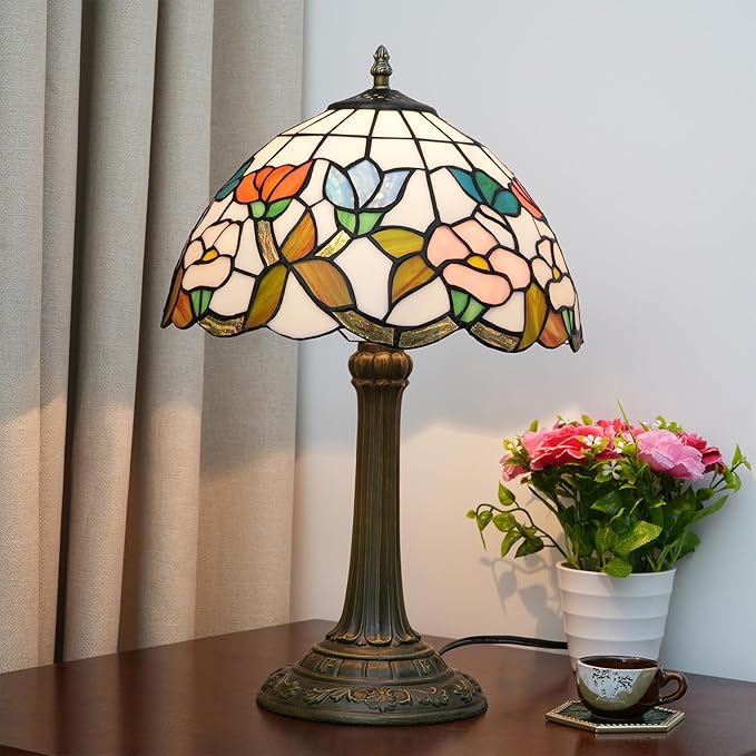 Tiffany Stained Glass Table Lamp, 12 Inch Pastoral Style Morning Glory Design Bedside Lamp, Suitable for Bedroom, Dining Room and Other Home Decoration Art (Pink, Blue and Orange)
