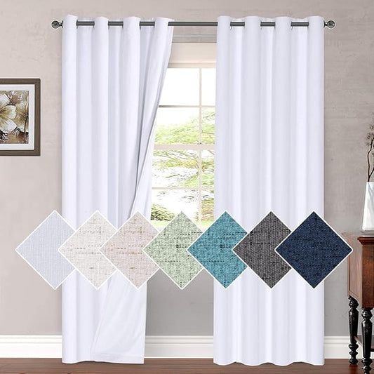 H.VERSAILTEX 100% Blackout Curtains for Bedroom 84 Inches Long Grommet Linen Face Full Light Blocking Curtain Drapes for Living Room Thermal Insulated Linen Look Curtains 2 Panels Set, Bright White