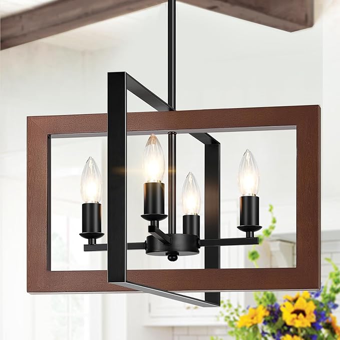 17" Farmhouse Reddish Brown Wood Chandelier, (4-Light, 17-Inch), Rustic Dining Room Light Fixtures Over Table, Adjustable Hanging Light Fixture for Kitchen, Living Room, Foyer, Entryway