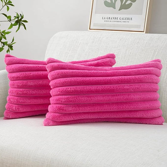 MIULEE Faux Fur Lumbar Decorative Throw Pillow Covers 12x20 Inch Set of 2, Retro Vintage Boho Home Decor Soft Plush Couch Pillows Cozy Fluffy Cushion Covers for Sofa Bed Hot Pink