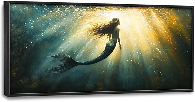Olivine Mermaid Wall Art, Ocean Pictures Wall Decor, Coastal Painting, Marine Life Canvas Prints, Framed Artwork for Bathroom Bedroom Living Room Office Home Decoration 60"x30"