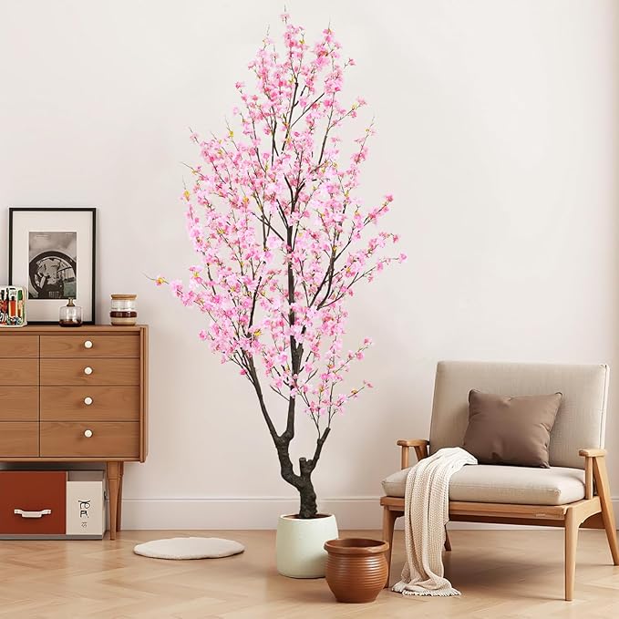 Faux Pink Cherry Blossom Tree 8ft(96in) Tall Artificial Plant Indoor Decor Handmade Natural Sakura Tree for Wedding Realistic Cherry Plant in Pot for Home Living Room,Office,Outdoor Decor.
