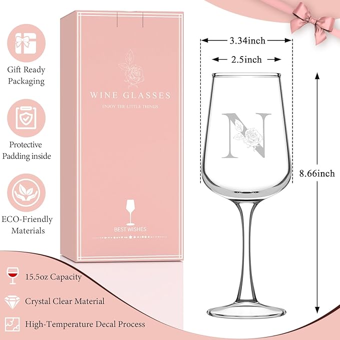 Monogrammed Wine Glass Gifts for Women - Personalized A-Z Wine Glasses with Gift Box & Greeting Card | Custom Mothers day, Anniversary, Birthday Gifts for Her, Mom, Wife, Best Friend, Sister,Woman (N)