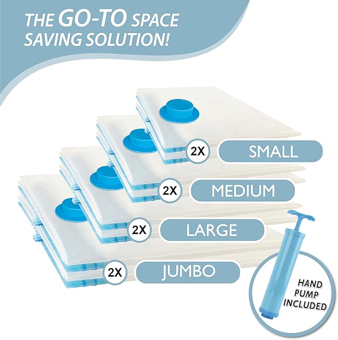 8 Pack Vacuum Storage Bags, Space Saver Bags (2 Jumbo/2 Large/2 Medium/2 Small) Compression Storage Bags for Comforters and Blankets, Vacuum Sealer Bags for Clothes Storage, Hand Pump Included