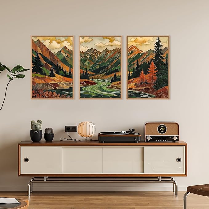 HPINUB Abstract Boho Mountain Framed Canvas Wall Art Set,Vibrant Forest Pine Tree Wall Decor,Textured Landscape Artwork Rustic Linear Scenery Art Print for Living Room,Bedroom,Office-24 x36 x3