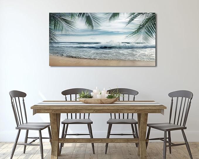 arteWOODS Tropical Beach Canvas Wall Art - Ocean Waves Pictures Coastal Oceanic Blue Sky and Sea Print Seaside Palm Tree Leaves Scene Painting Artwork Living Room Bedroom Office Home Decor 24" x 48"