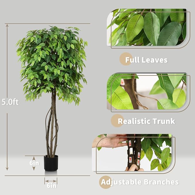 Faux Ficus Tree 5ft(60in) Artificial Floor Plant for Indoor Decor Realistic Potted Tree with Texture Silk Leaves and Natural Wood Trunk for Home Living Room,Office Perfect Housewarming Gift