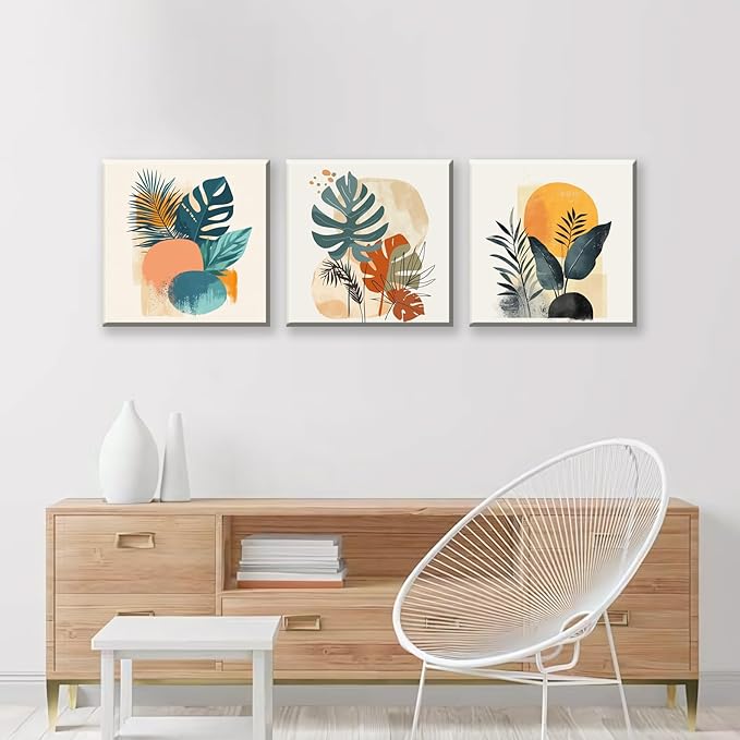 NAN Wind 3 Panels Modern Abstract Tropical Canvas Wall Art Colorful Leaf Prints Contemporary Botanical Art for Living Room Minimalist Plant Decor Geometric Palm & Monstera Leaf Paintings Home Decor