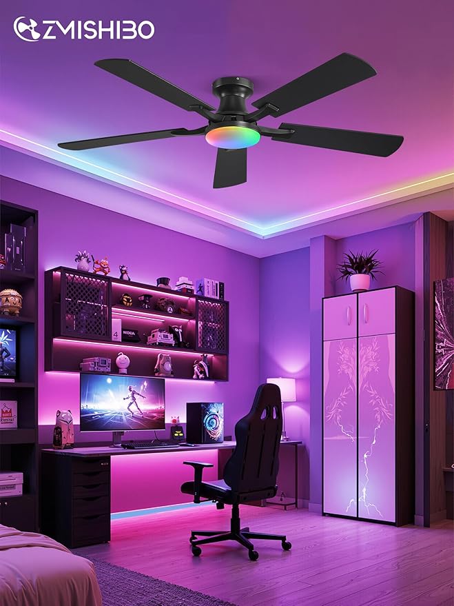 ZMISHIBO 52 Inch RGB Ceiling Fan with Light, App&Remote Control, Flush Mount Low Profile, Dimmable 20W LED Light, Quiet Reversible Motor for Bedroom, Living Room, Apartment, Black