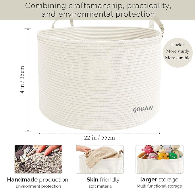 Extra Large Storage Laundry Basket 22" X 22"X 14" Cotton Rope Woven Basket for Blanket Basket with Handles for Living Room Toys Storage XXXL (Cream)