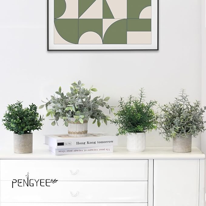 4 Pack Small Fake Plants for Home Decor, Rustic Artificial Plants Indoor in Pulp Pots, Faux Plants Indoor for Bathroom Kitchen Office Desk Shelf Farmhouse Room Decor