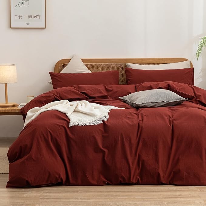 BESTOUCH Duvet Cover Set 100% Washed Cotton Linen Feel Super Soft Comfortable Chic Lightweight 3 PCs Home Bedding Set Solid Fired Brick Red Oversized King