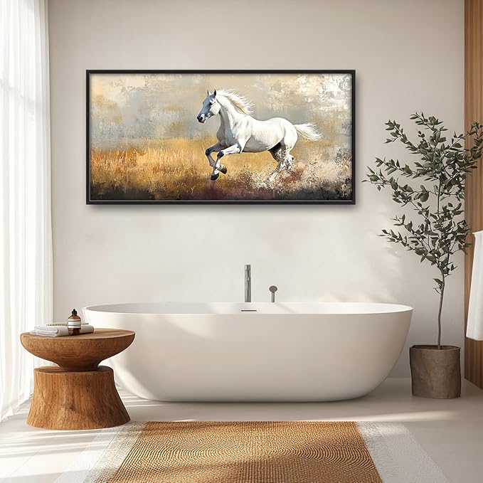 Extra Large Framed Horse Wall Art,Oversized Rustic Horse Running Wall Decor, Vintage Wild Animal Field Pictures for Living Room,Canvas Print Painting Modern Artwork Bedroom Office 60L"x30W"