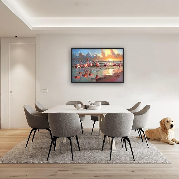 Flamingo Large Framed Wall Art Oversized Sea Coastal Beach Sunrise Pictures Wall Decor Seascape Canvas Print Painting Aesthetic Modern Artwork for Living Room Bedroom Office Bathroom Home Decor 36L"x24W"