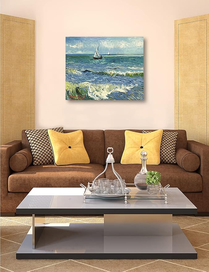 DECORARTS - The Sea at Les Saintes-Maries-de-la-Mer, Vincent Van Gogh Art Reproduction. Giclee Canvas Prints Wall Art for Home Decor 30x24