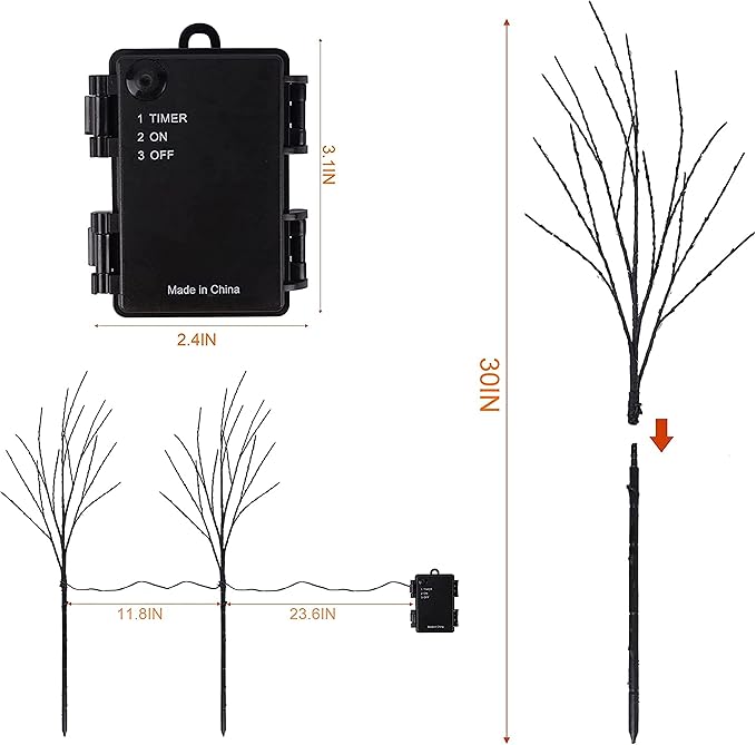 Lighted Halloween Tree Branches, 30IN 100LED Artificial Black Twig Branch with Purple&Orange Fairy Lights, Built-in Timer & Battery Operated, Waterproof for Outdoor Pathway Lawn Garden Decorations