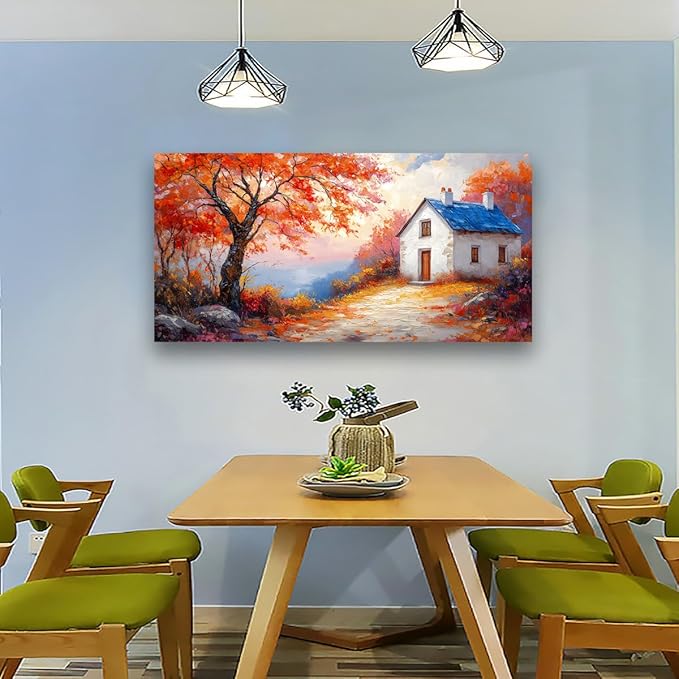 Autumn Scenery Canvas Wall Art Bedroom Wall Decor Living Room,Abstract Wall Art Office Paintings Artwork Modern Abstract Village House Red Tree Pictures Art Prints Ready to Hang-20x40inch