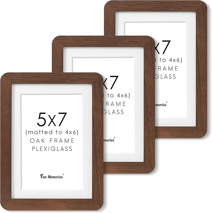 5x7 Picture Frames Set of 3, 5 by 7 Photo Frames for Wall & Tabletop Display, Solid Oak Wood Frames with Plexiglass, 5x7 Frame Matted to 4x6, Light Wood 5 x 7 Gallery Wall Frame Set, Walnut Color