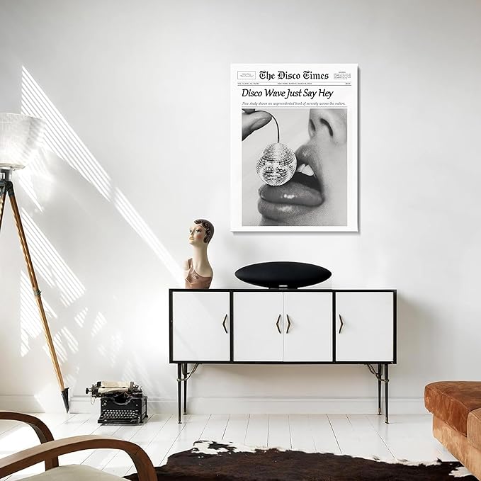 Trendy Disco NewsPaper Wall Art Prints Canvas Wall Art Prints Cherry Disco Ball Headline Poster Black and White Posters Funky Aesthetic Canvas Prints Magazine Art Dorm Living Room Home Décor 8x10in