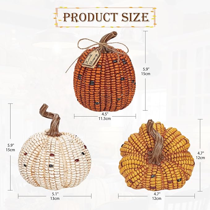 Briful 3PCS Fall Decorative Corn Pumpkin Set – Resin Harvest Pumpkins Fake Corn Pumpkins for Thanksgiving Table Centerpiece Autumn Tiered Tray Indoor Outdoor Fall Decoration