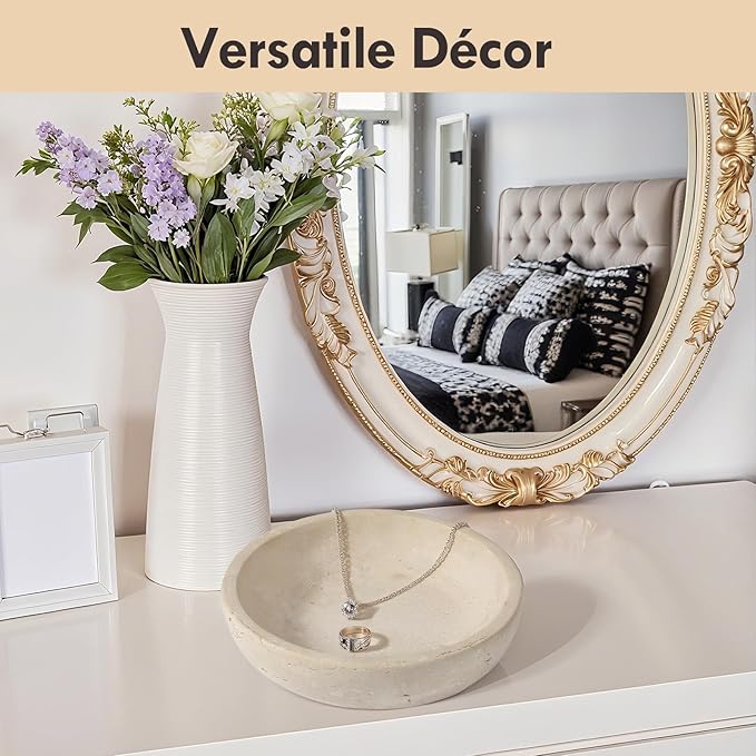 Travertine Decorative Bowl Serving Tray, 7.8" Natural Stone Centerpiece for Dining Table, Round Ottoman Decor, Housewarming Gifts Key Bowl for Entryway Table New Home Apartment Must Haves Essentials