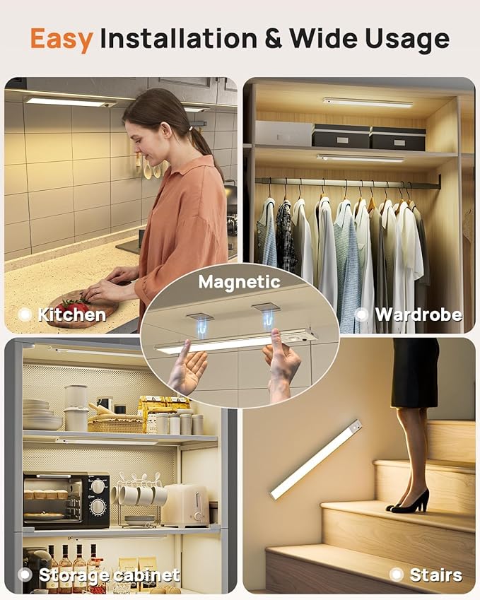 Under Cabinet Lights,80 LED Motion Sensor Light Indoor,4000mAh USB Rechargeable Closet Lights with Remote Control,3 Color Temps Wireless Under Counter Lights for Bedroom,Kitchen,Wardrobe,Stair