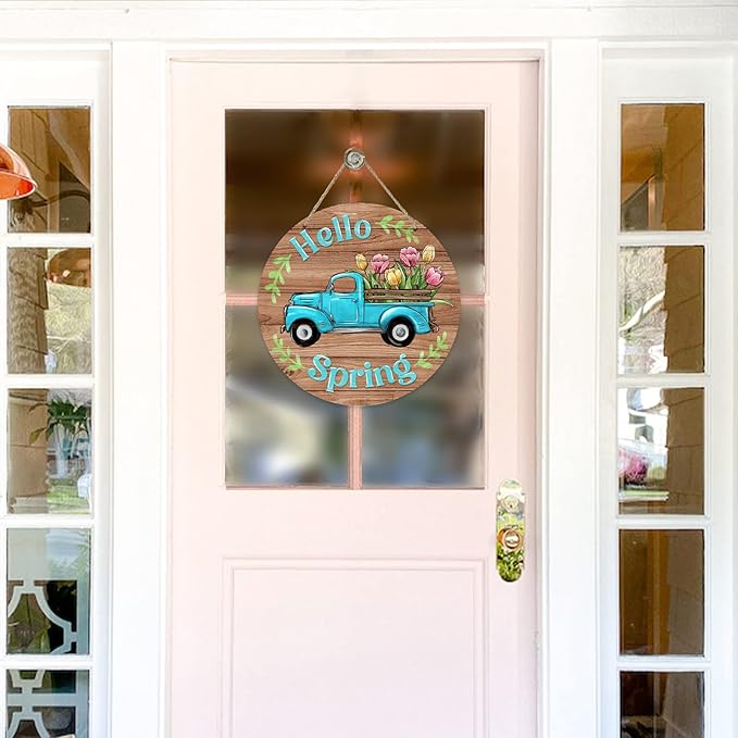 Deroro Hello Spring Blue Truck Sign for Front Door Decor, Tulip Flowers Pickup Wood Door Hanger for Outdoor Outside Porch, Rustic Farmhouse Wooden Wreath Indoor Wall Hanging Decoration
