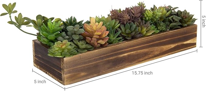 MyGift Artificial Succulent Centerpiece, 15.75 Inch Faux Succulents Arrangement Plants in Rustic Burnt Wood Rectangular Planter Box